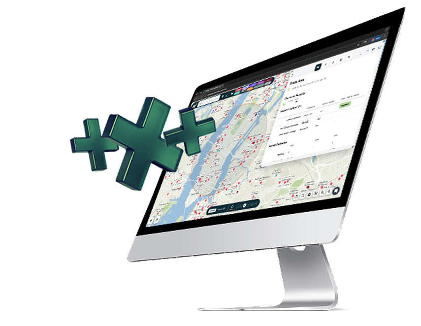 Desktop computer displaying Radius+ platform with map interface and data visualizations